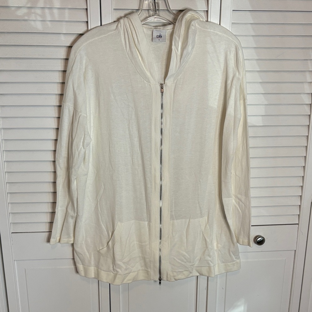 CAbi White Knit Zip Cardigan with Hoodie Style 5137